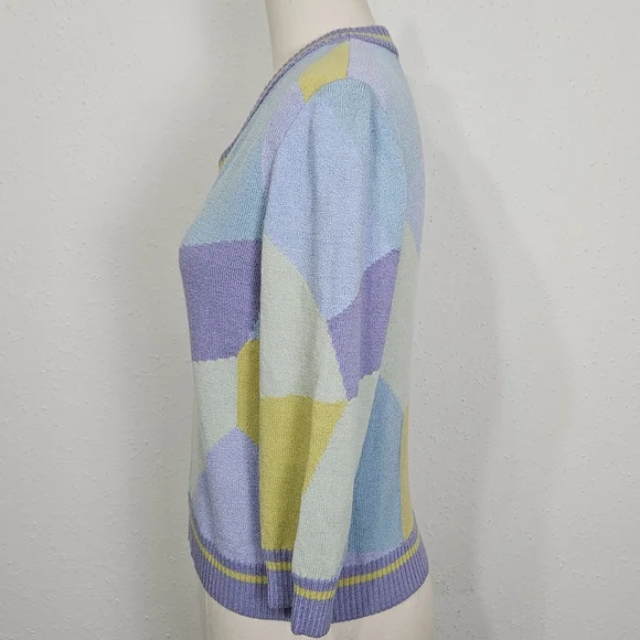 St John Sport Santana Knit Vintage Geometric Pastel V-Neck Sweater S - Picture 4 of 10